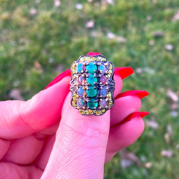 Vintage Art Deco Style Green Onyx & Opal Cluster Ring Sz 6 925 Silver Gold - Picture 2 of 8